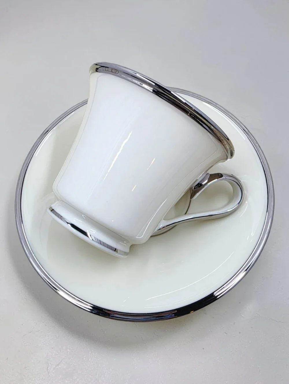 Lenox Solitaire Pattern Footed Cup & Saucer Set Platinum Rim Dimension Porcelain